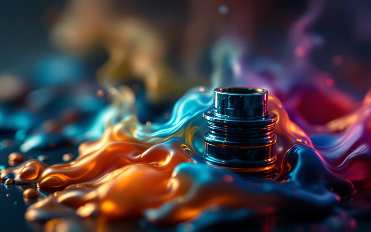 Gros plan de bobines de vape et de e-liquide, mettant en évidence les détails complexes des bobines et les couleurs vives du liquide, dans une ambiance naturelle et réaliste.