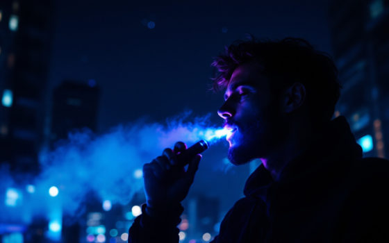 Une personne en train de vapoter avec une e-cigarette dans la nuit, le visage illuminé par la lumière douce de l'appareil, dans un environnement urbain sous un ciel étoilé.