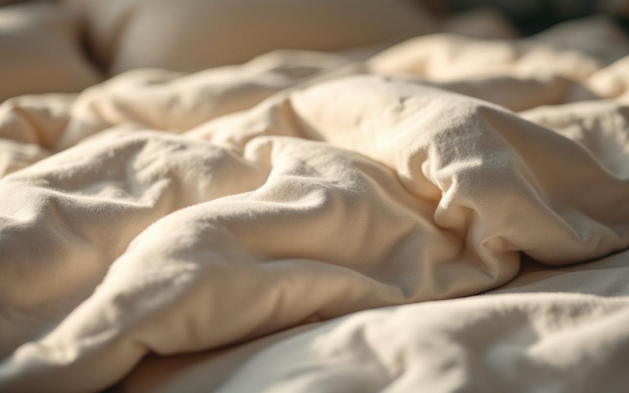 Gros plan d'une couette en laine mérinos et de draps en coton, fibres douces visibles, plis naturels, lumière matinale volumétrique chaude, tons crème et gris doux, ambiance cosy de chambre