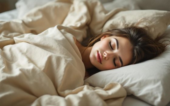 Femme endormie sous une couverture en lin respirant, position détendue dans une chambre minimaliste, tissus texturés visibles, tons beiges et crèmes, lumière douce et volumétrique du matin créant une ambiance naturelle et paisible.